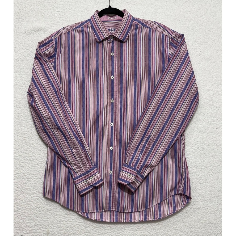 Bugatchi Uomo Mens Button Down Shirt Purple Pink Striped Long Sleeve Cotton